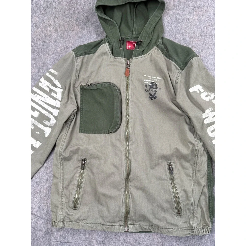 Strivers Row Mens Full Zip Hooded Jacket Green Herringbone Graphic Size M